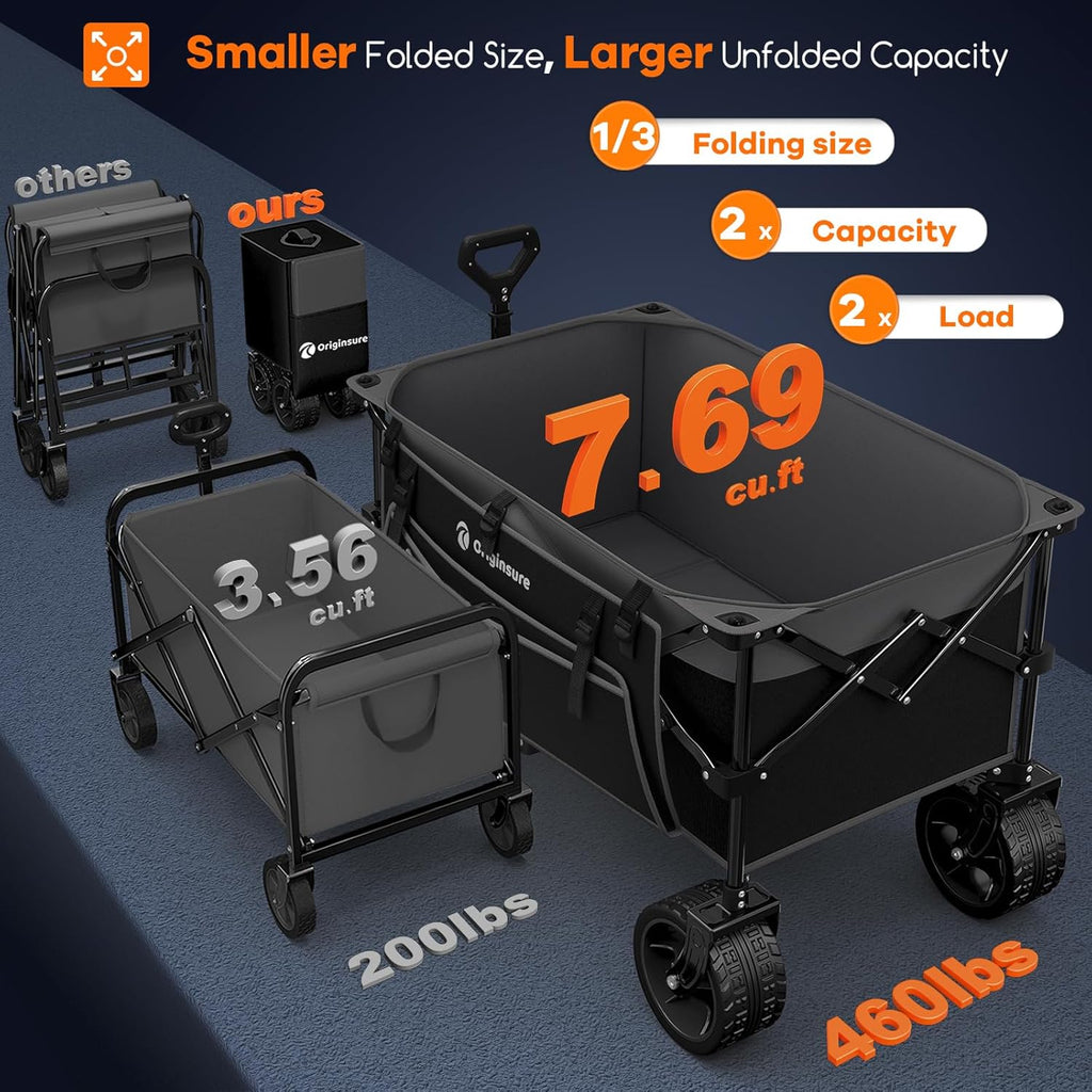 Originsure 220L Collapsible Wagon Cart Foldable, 460lbs Load Capacity Heavy Duty Folding Beach Wagons with Big All-Terrain Wheels, Utility Carts for Groceries, Shopping, Camping, Sports - Grey&Black