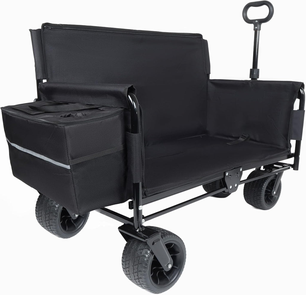 3 in 1 Convertible Folding Wagon Cart with Bench Seat Storage Includes 1 ice Pack, 500lbs Heavy Duty Utility Wagon, 180L Capacity All Terrain Wheels for Camping, Beach, Sports, Garden, Black