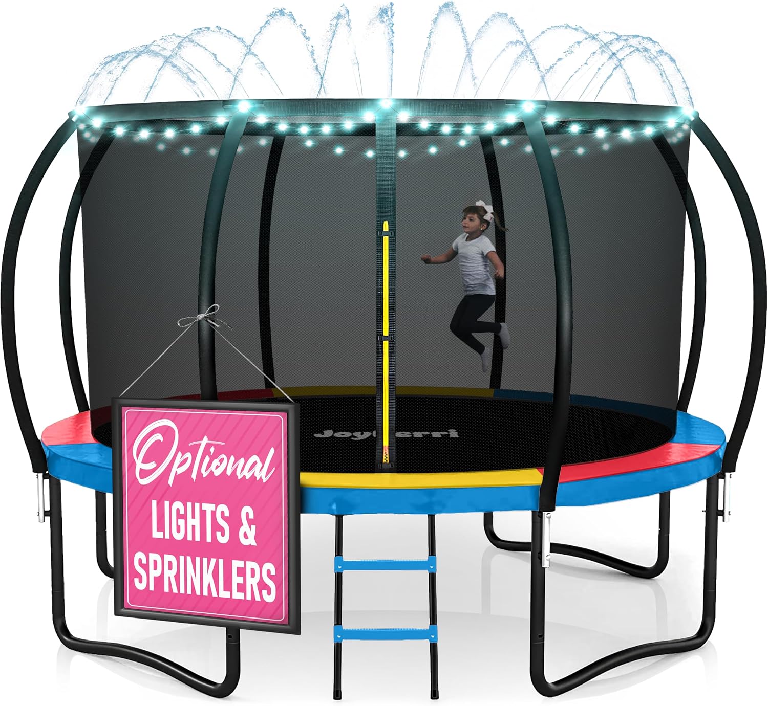 JoyBerri Trampoline Outdoor - Upsurge ASTM Certified Safe 8Ft 10Ft 12Ft 14Ft 15Ft 16Ft Recreational Trampoline for Kids and Adults. Anti-Rust Coating with Enclosure Net, Ladder, Sprinkler & LED Lights