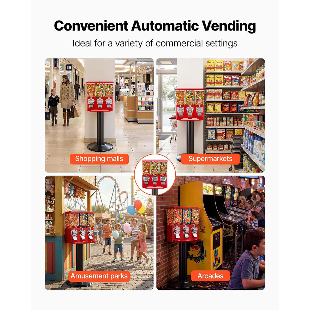 VEVOR Candy Vending Machine, Triple Compartment Candy Dispenser, Commercial Gumball and Candy Machine for Business with Iron Stand, Coin Operated Gumball Bank for Toy Capsules Bouncy Balls Candy