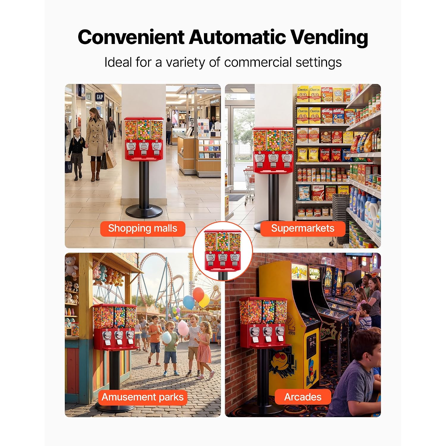 VEVOR Candy Vending Machine, Triple Compartment Candy Dispenser, Commercial Gumball and Candy Machine for Business with Iron Stand, Coin Operated Gumball Bank for Toy Capsules Bouncy Balls Candy