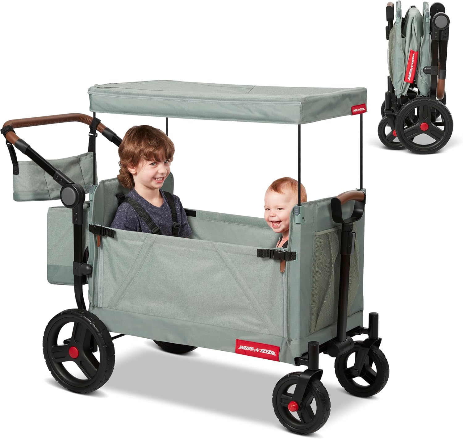 Radio Flyer Atlas Stroll 'N Wagon, Sage Green, for Ages 1+, 3-in-1 Push or Pull Versatility, One-Hand Fold, UV Canopy, 5-Point Harnesses, Storage Capabilities, Rubber Wheels, Stroller Wagon for Kids