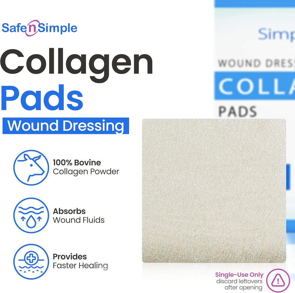 Collagen Dressing Pads - 7 x 7 in 5-Pack Collagen Pads for Wounds - Non-Adherent Collagen Dressing for Wound Care - Safe n' Simple Wound Care Supplies