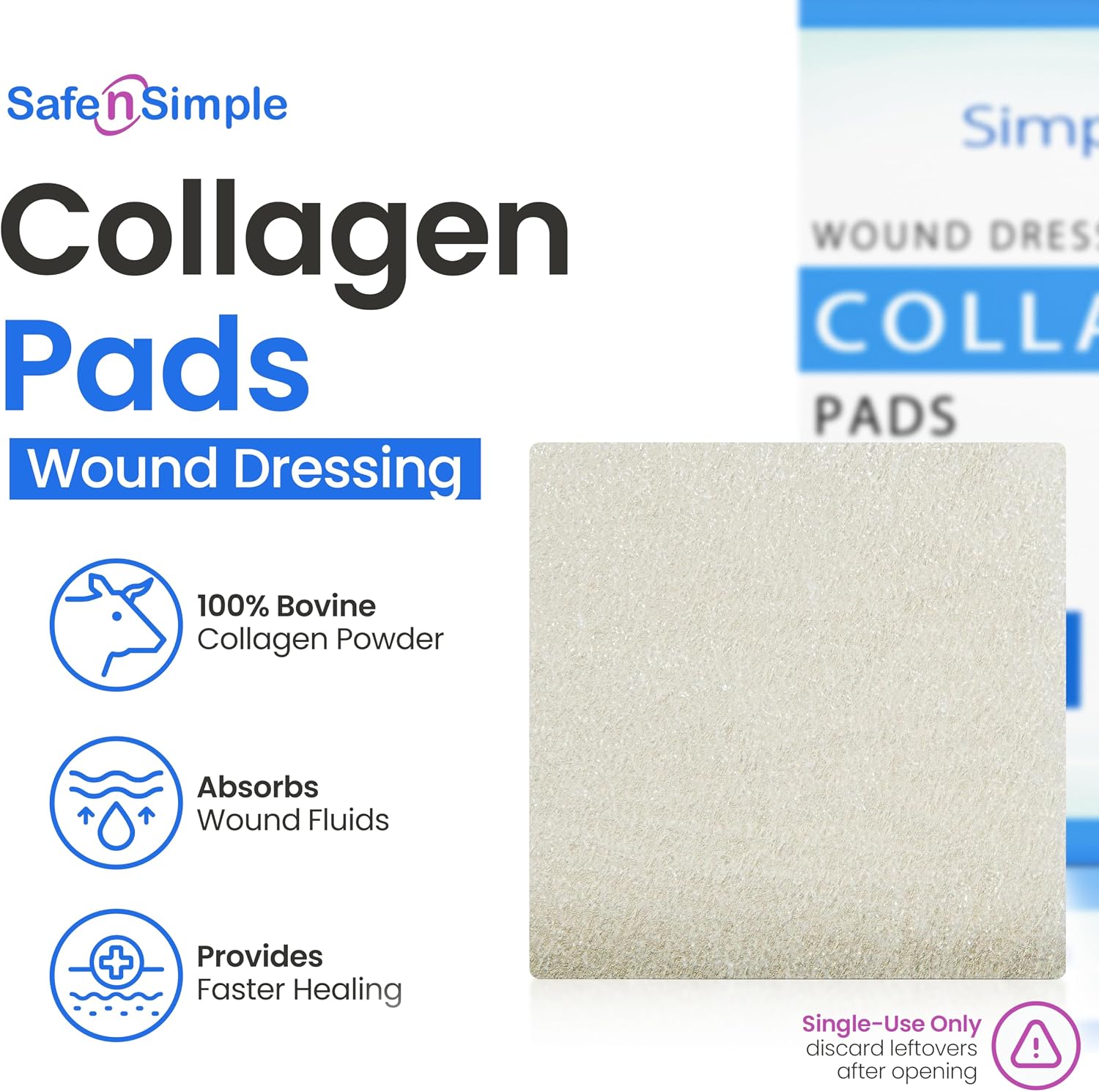 Collagen Dressing Pads - 7 x 7 in 5-Pack Collagen Pads for Wounds - Non-Adherent Collagen Dressing for Wound Care - Safe n' Simple Wound Care Supplies