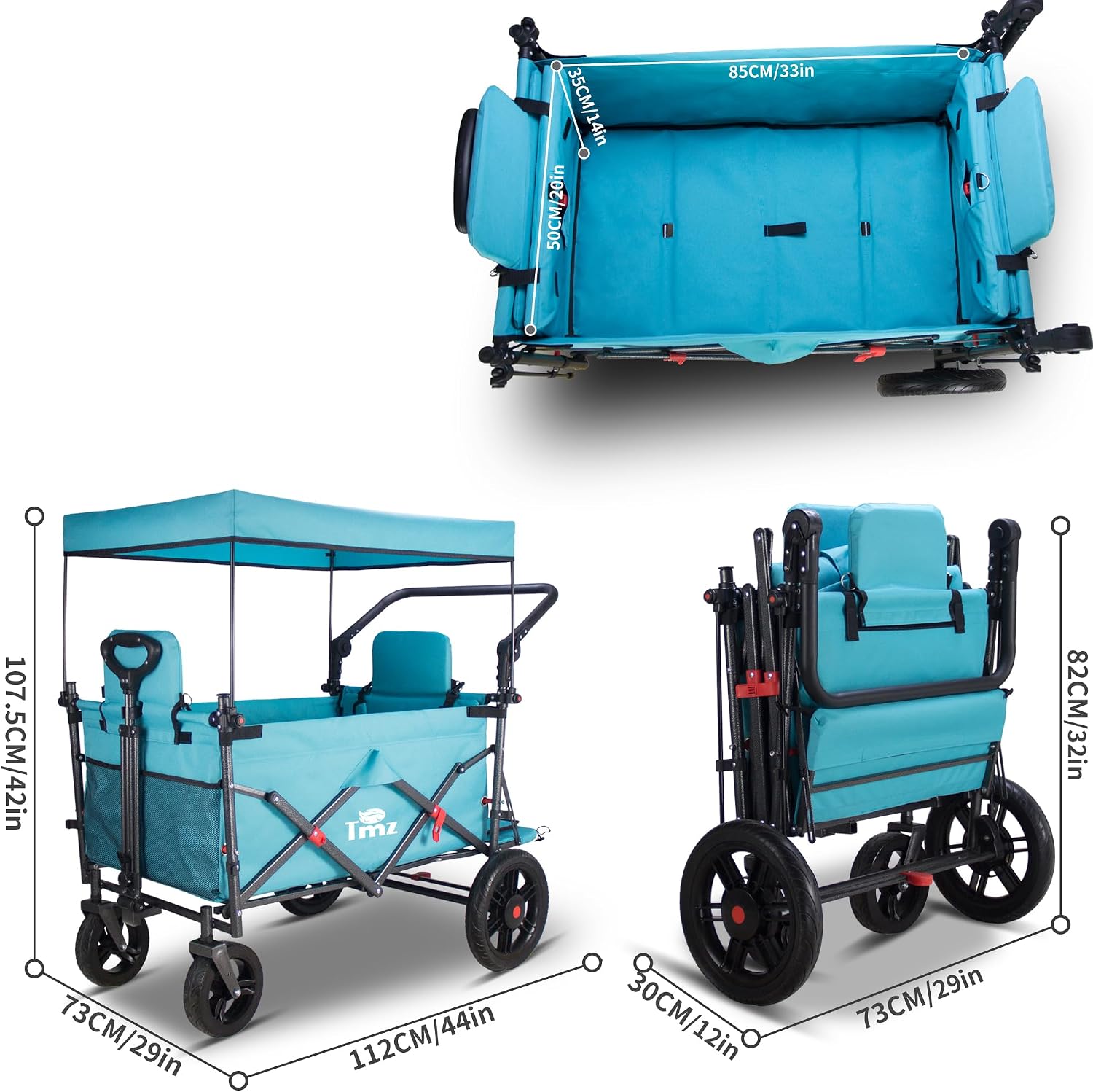 TMZ Collapsible Wagon with 2 Foldable Seats, Folding Cart with Removable Canopy, Heavy Duty Wagon 265LBS Load Capacity for Camping Garden Shopping (Turquoise)