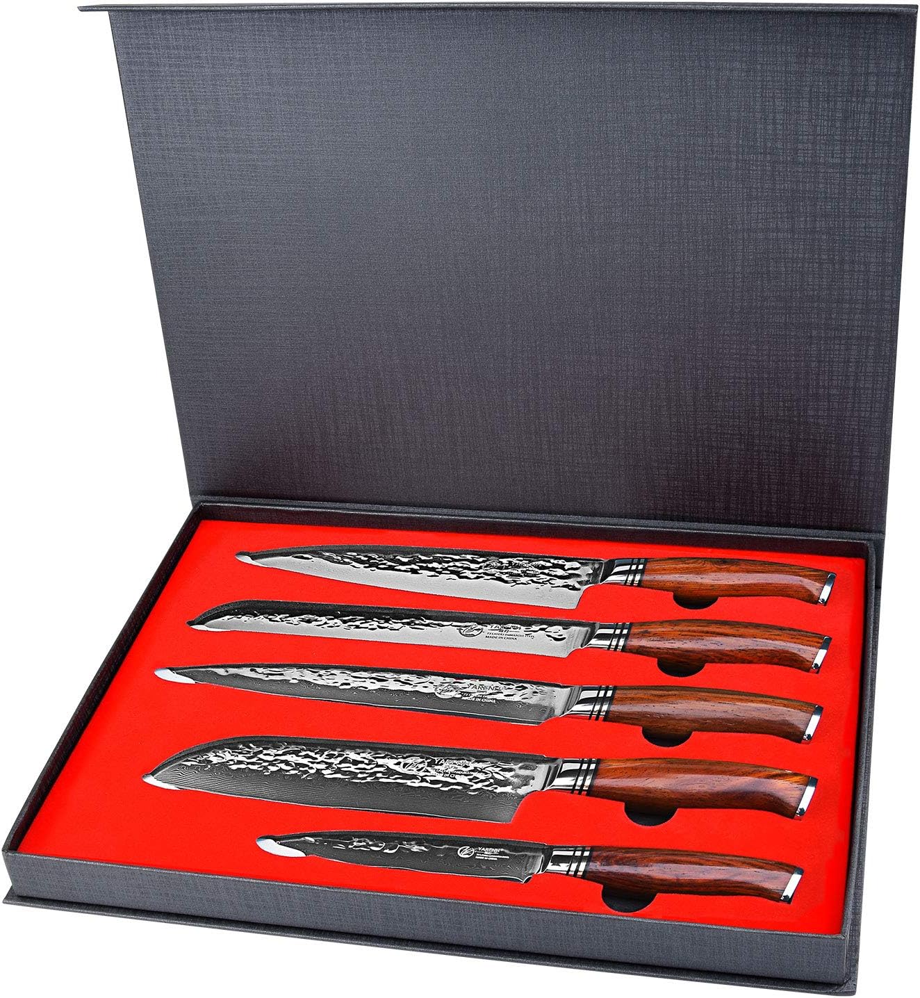YARENH Chef Knife Set without Block, 5 Piece Professional Sharp Kitchen Knives,Damascus Stainless Steel, 73 Layers, Full Tang, Dalbergia Wood Handle, HTT Series