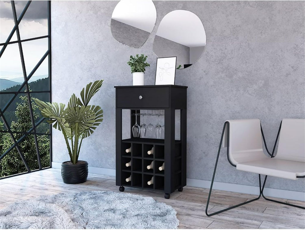 Modern Wine Cabinet,Wine Baker Rack with 1-Drawer&12-Bottle Wine Cabinet Bar Cabinet for Bar,Kitchen,Dining Room,Black