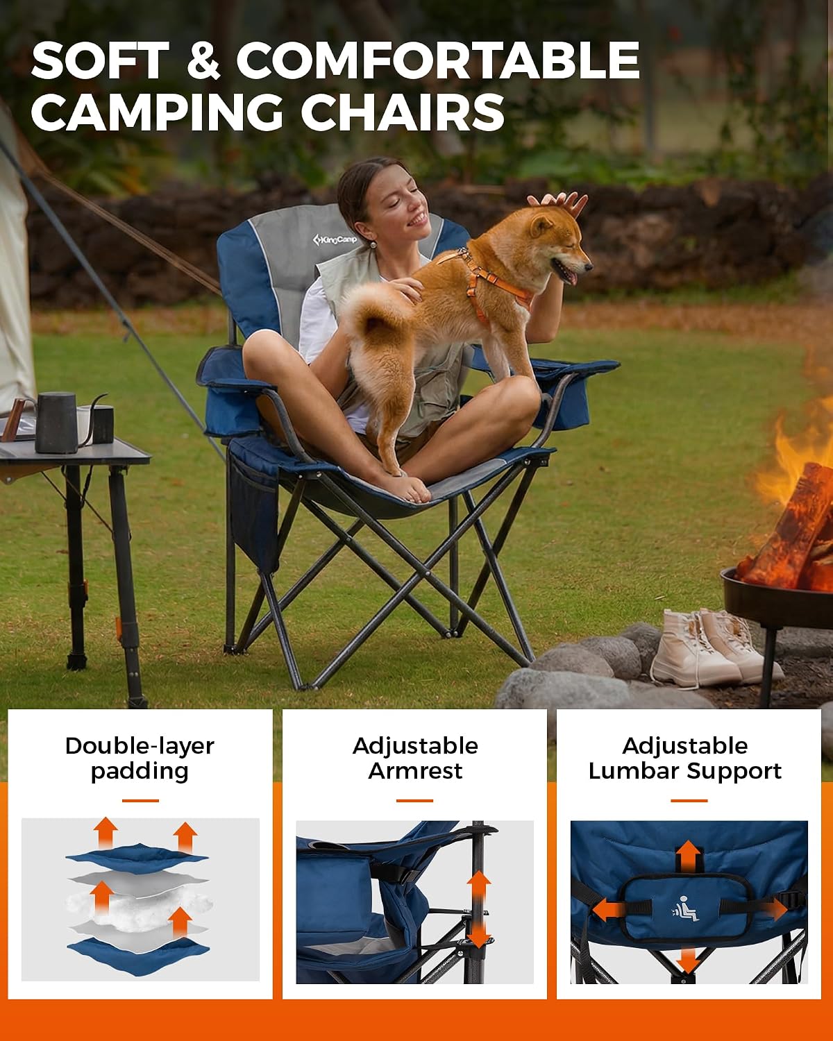 KingCamp Oversized Camping Chair with Adjustable Lumbar Support, 550lbs Heavy Duty Padded Folding Lawn Chair for Adults, Outdoor Armchair with Cooler Bag, Cup Holder & Side Pocket for Fishing, Travel