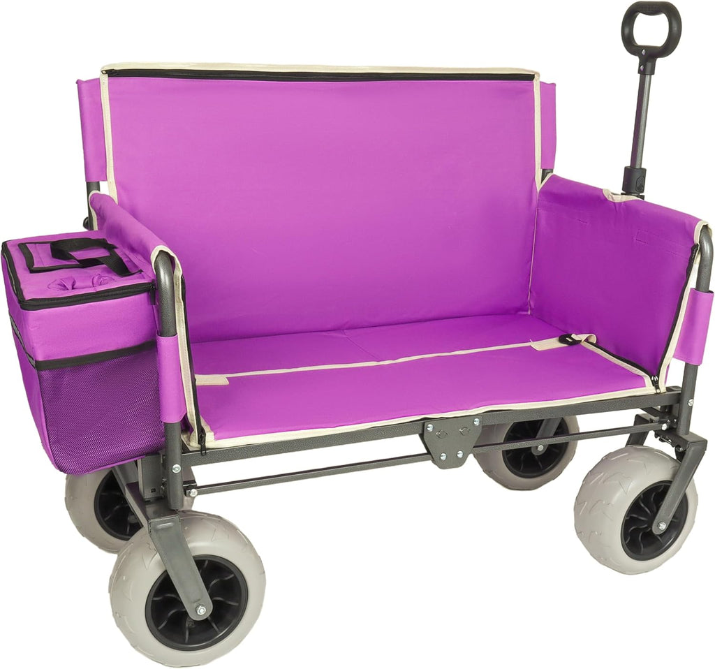 Purple Collapsible Wagon, Bench Seat & Storage, All-Terrain Wheels, Steel Frame, Folding Camping Cart for Beach, Sports, Fish, 40.94x20.47x44.29 in