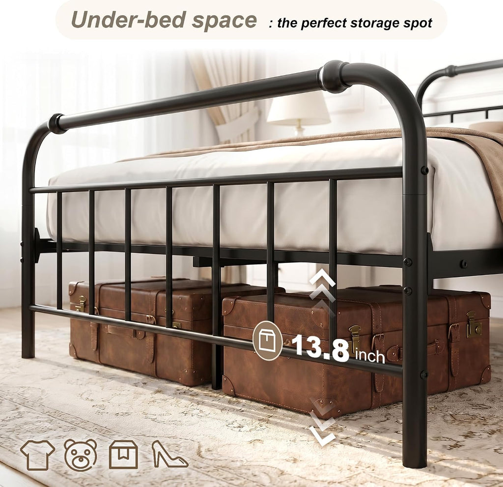 Full Size Metal Bed Frame, Vintage Iron-Art Headboard & Footboard, Heavy-Duty Iron Platform Bed (No Box Spring), Easy Assembly,Noise-Free Design, Matte Black