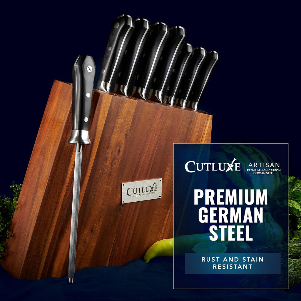 Cutluxe Kitchen Knife Set – 8 Pcs Professional Chef Knife Set with Block – Razor Sharp Knives with Full Tang Design, High Carbon German Steel, Natural Acacia Wood Block – Artisan Series