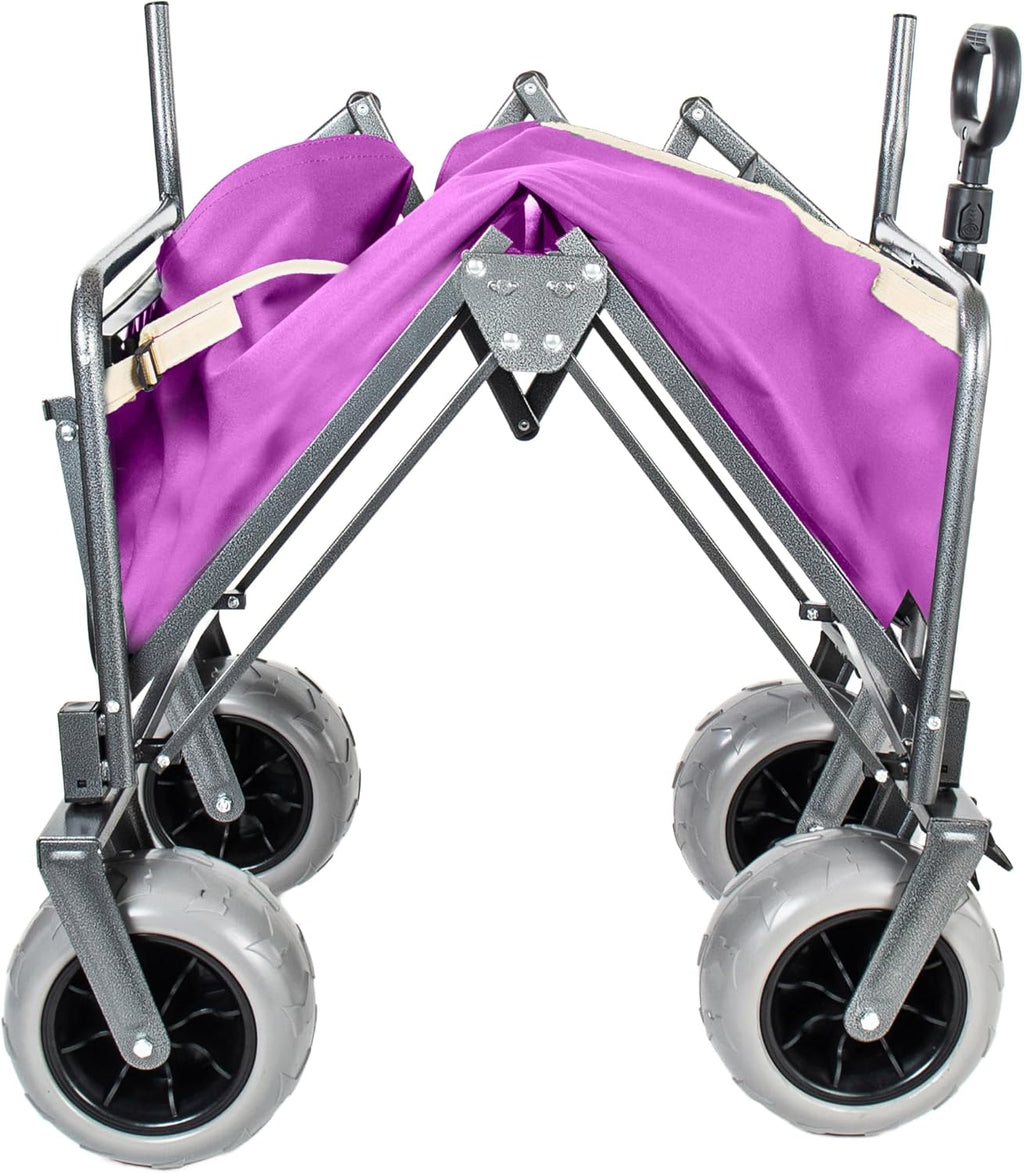 3-in-1 Foldable Wagon Cart with All-Terrain 9'x4' Beach Tires–Collapsible Wagon Design,Rear-Mounted Folding Tabletop&Convertible Bench Seat,Utility Wagon | Beach Cart with Drink Holders (Purple)