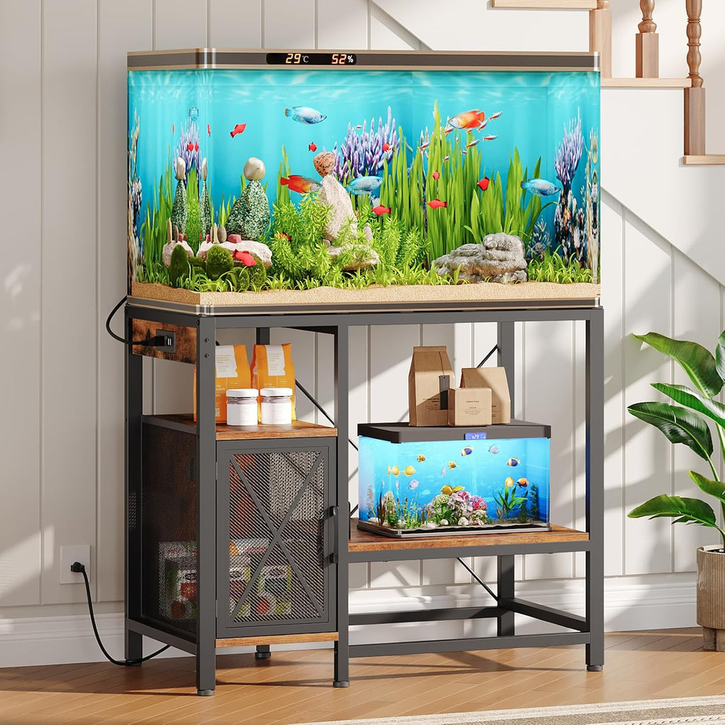 MAHANCRIS Mobile Printer Stand and Fish Tank Stand Bundle, 3-Tier Industrial Printer Cart with Power Outlets and 2 USB Ports, 40-50 Gallon Aquarium Stand with Storage Cabinet, PTHR78E01-FTHR50E01