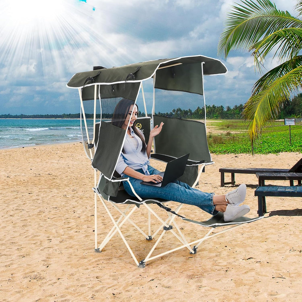 Nice C Chair with Canopy, Umbrella Chairs for Adults, Sports Chair with Shades, with Removable Footrest, Cooler Bag, Cup Holder for Camping, Fishing, Sports, Beach (2Pack Green)