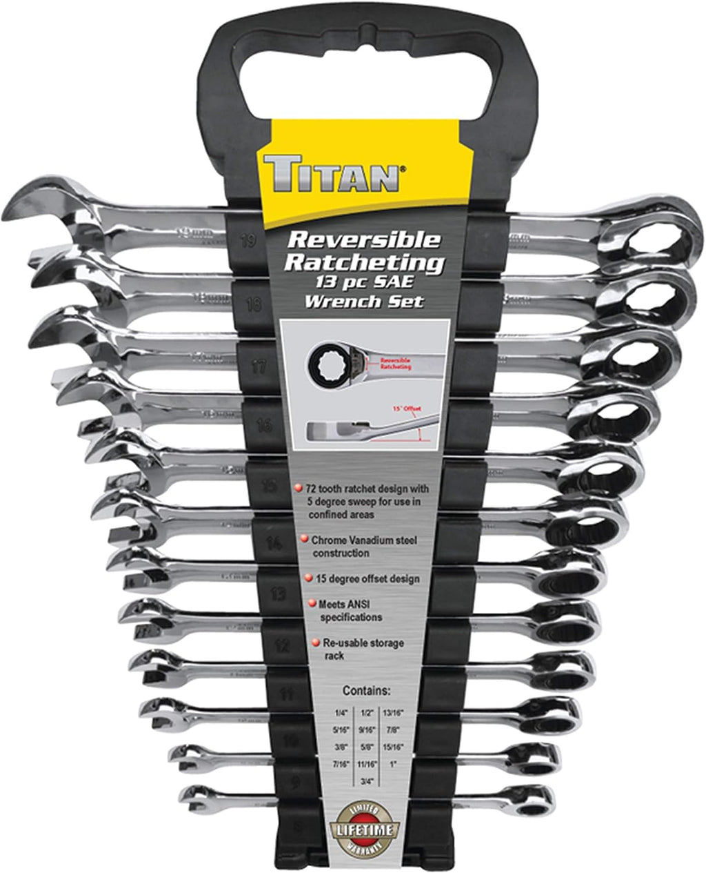 Titan 17364 13-Piece 12 Point 72 Tooth SAE Reversible Ratcheting Combination Wrench Set