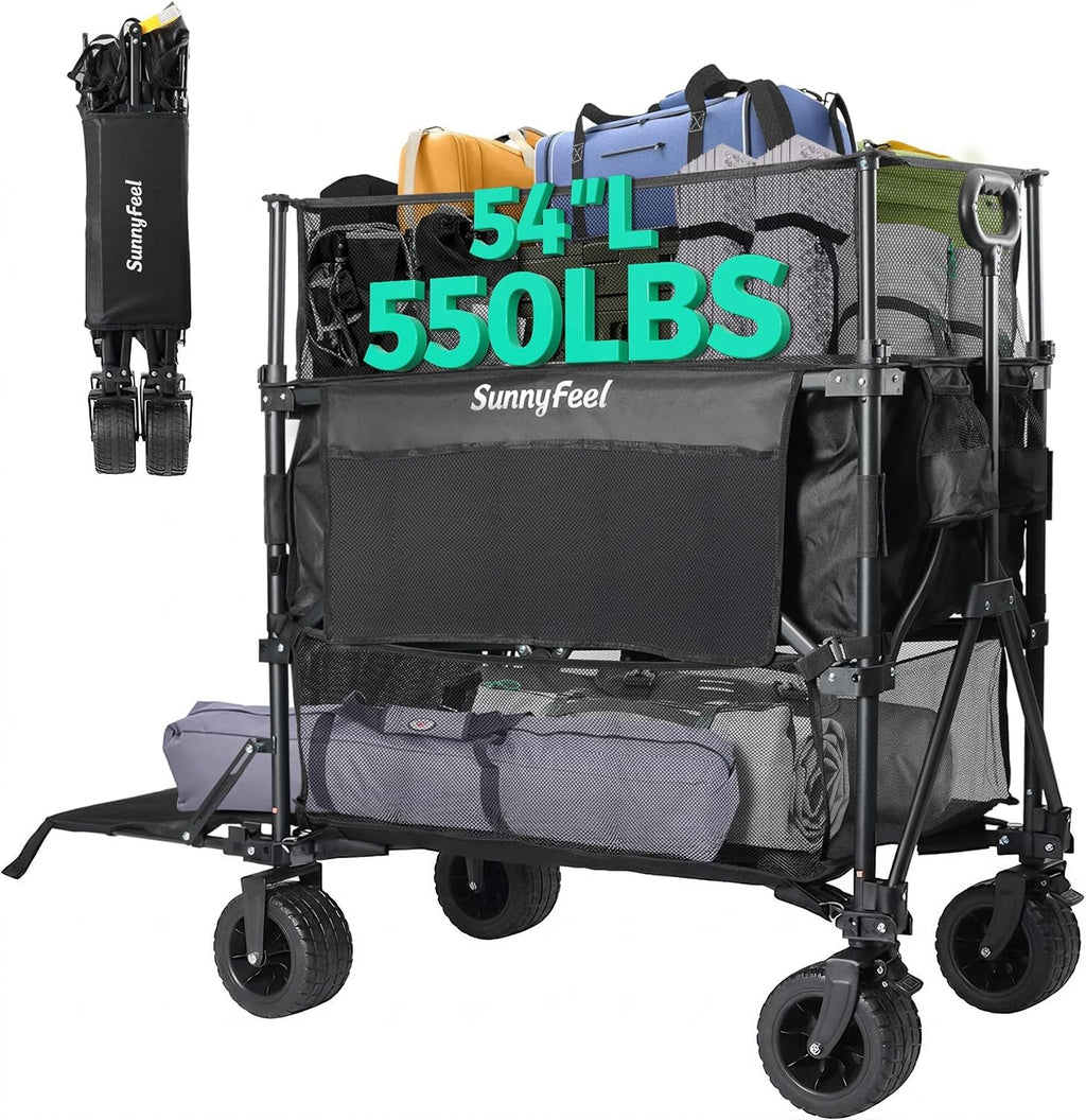 SUNNYFEEL 550L Large Capacity Double Decker Wagon, 550LBS Heavy Duty Collapsible Sports Wagon, Extra High Extender Wagon Cart with Tailgate, All-Terrain Big Wheels for Camping Fishing Beach, Black