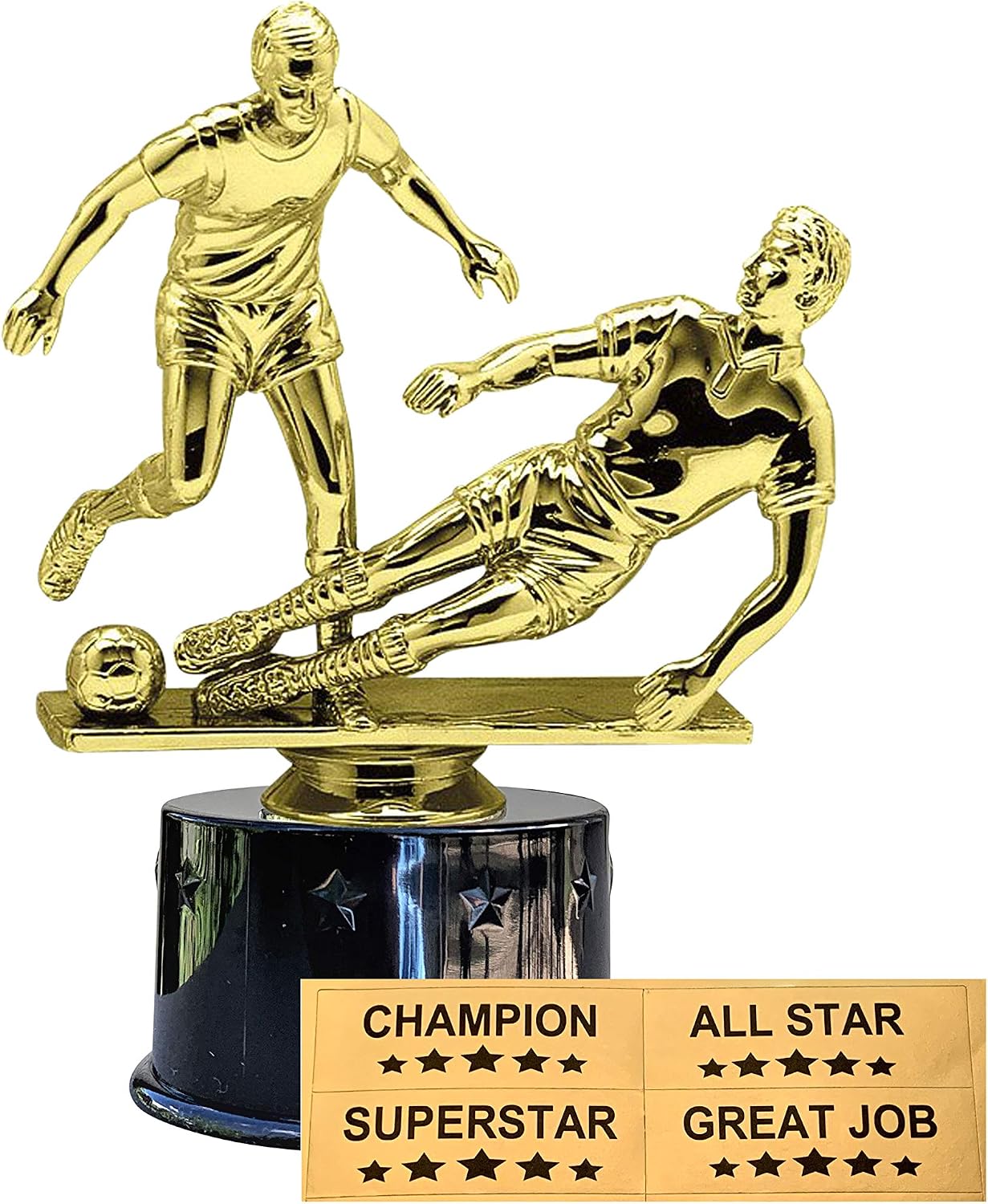 Express Medals Soccer Male Boys Double Award Trophy Party Favor Gift Prize Including 4 Gold Color Decals to Custom Personalize The Black Round Base