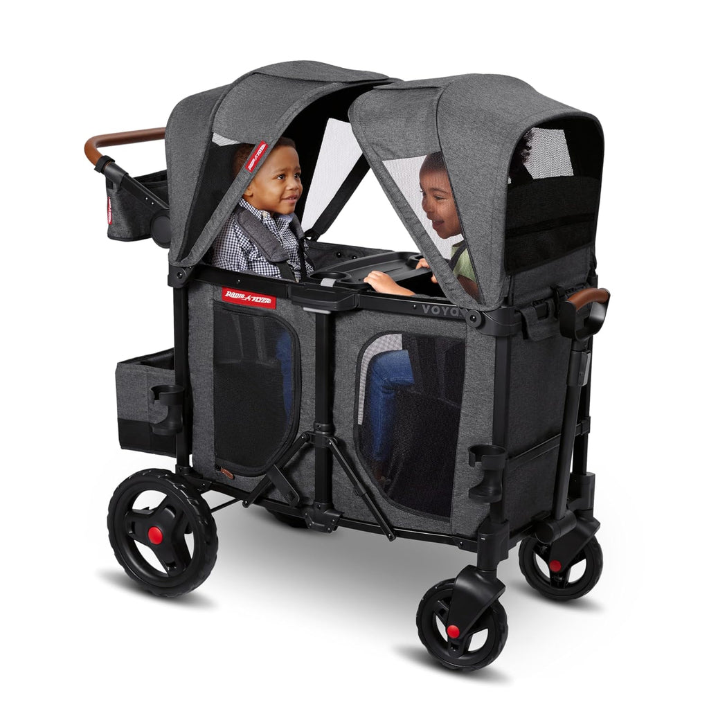 Radio Flyer Voya Stroller Wagon, for Ages 6+ Months, Extra Tall Sides, Push or Pull, 2 Seats, Dual Sun Canopies, Compact Fold, Lightweight, Storage Space, 5-Point Harnesses, Stroller Wagon for Kids
