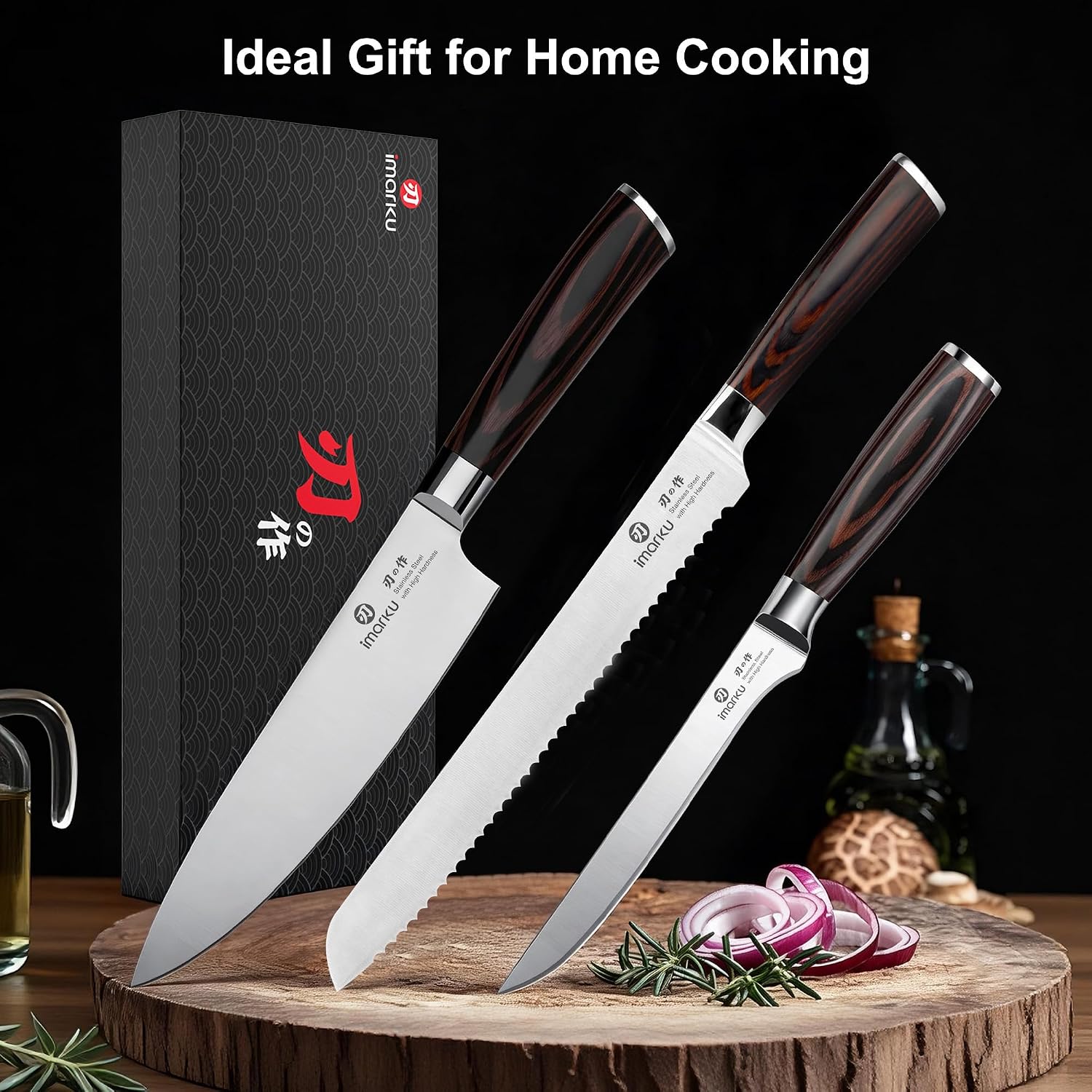 imarku 3 Piece Knife Set, Professional Japanese High Carbon Stainless Steel Chef Knife, Ultra Sharp Kitchen Knives Set with Ergonomic Pakkawood Handle, Ideal Gift for Mom