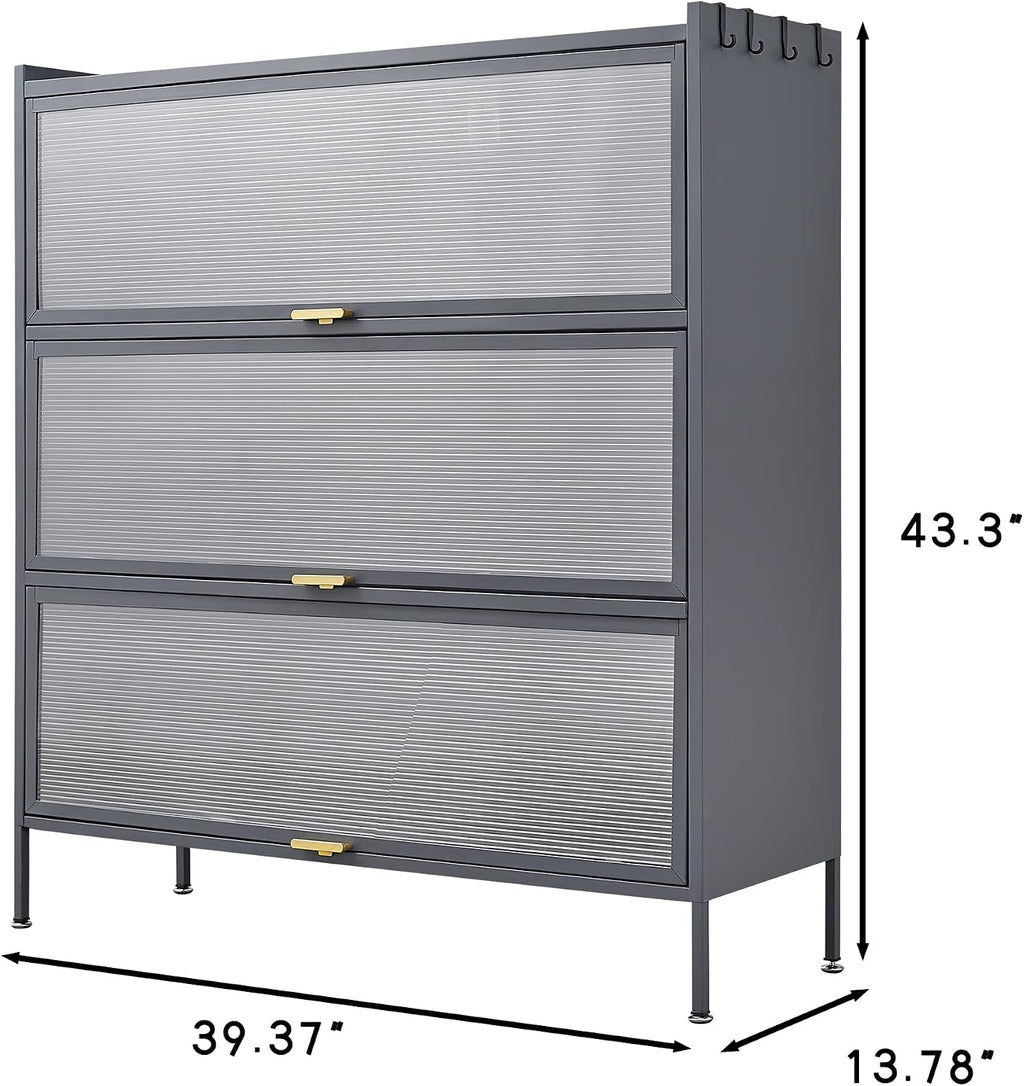 3 Tier Pantry Storage Cabinet with PC Glass Doors Baker Rack Kitchen Storage Cabinet Freestanding Microwave Stand with Adjustable Shelves Multi-Purpose Organizer for Kitchen Dining Room Black