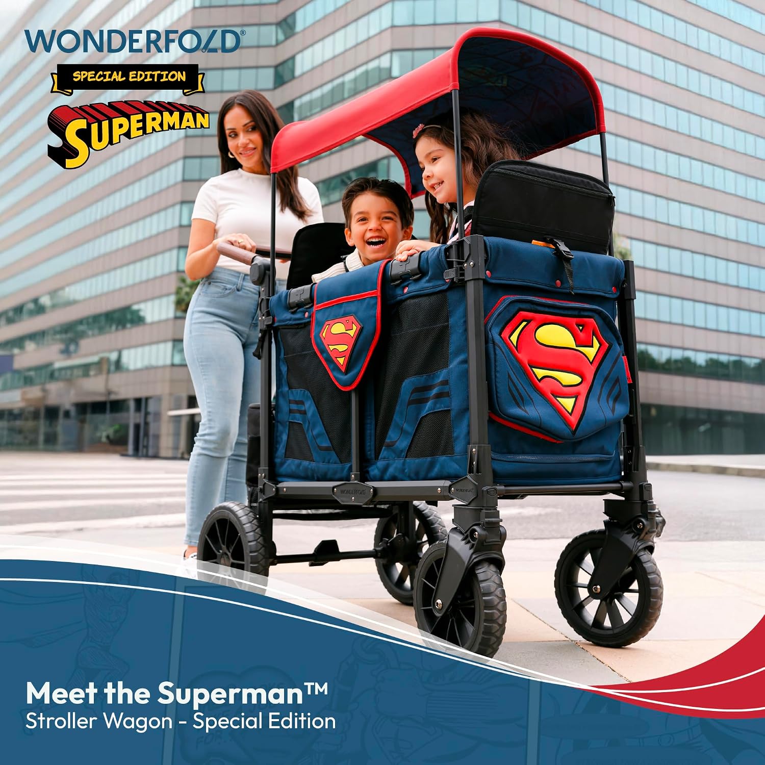 WONDERFOLD W2 Elite Pro Special Edition Superman Stroller Wagon (2 Seater) - Collapsible Wagon Stroller with Seats with 5-Point Harnesses, Easy Access Zipper Door, and Removable Sun Canopy