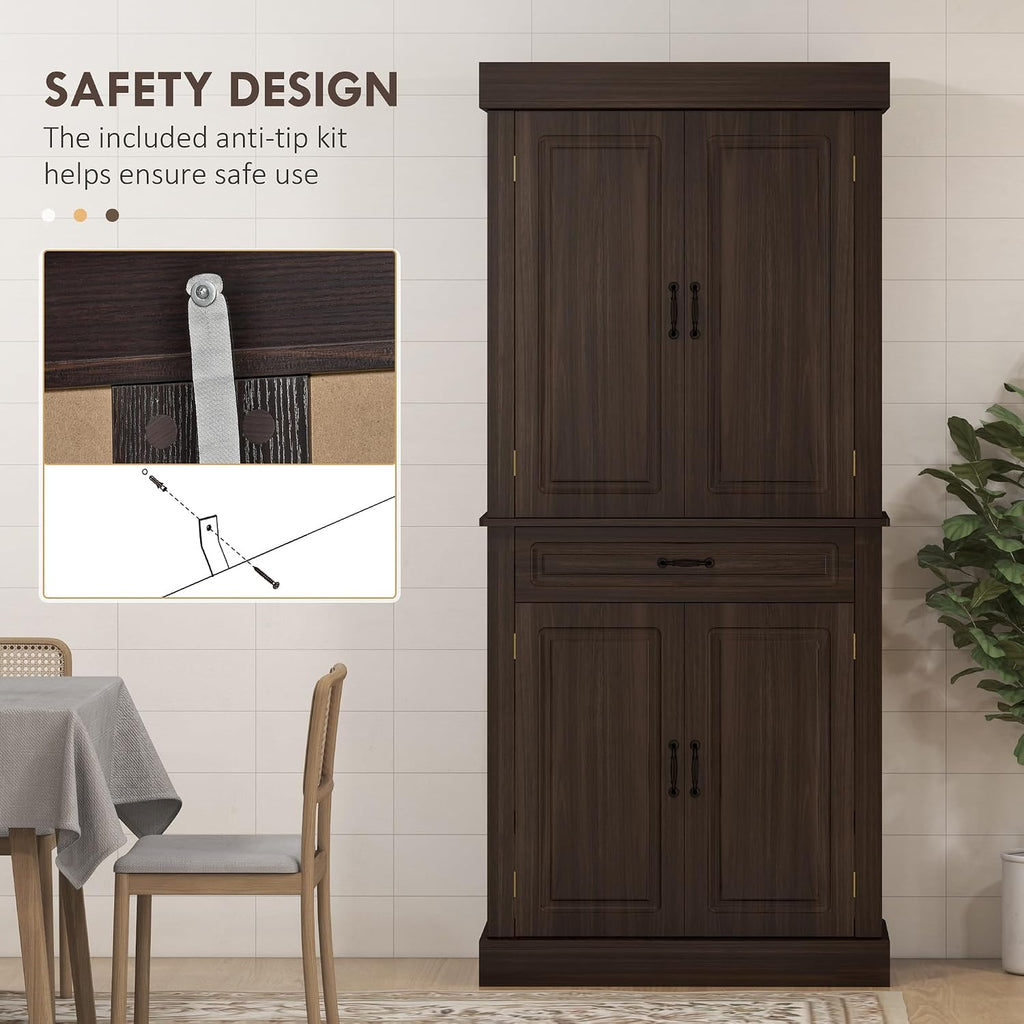 71' 4-Door Freestanding Storage Cabinet, Kitchen Storage Bakers Rack with Wide Drawer, Utility Food Cupboard with Wood Grain for Kitchen/Dining/Office, Coffee