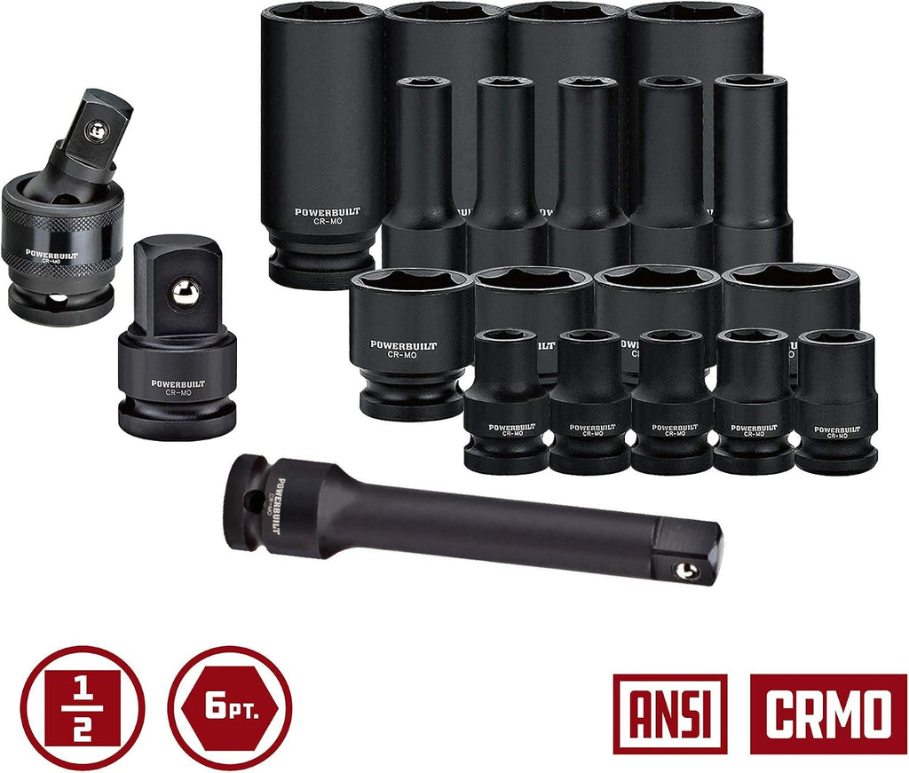 Powerbuilt Master 63 Piece 1/2-Inch Drive Impact Socket Set, Extensions, Metric&SAE Deep/Standard Impact Socket, Universal Joint and Adapter, Cr-Mo Steel, EVAs torage Tray - 949012