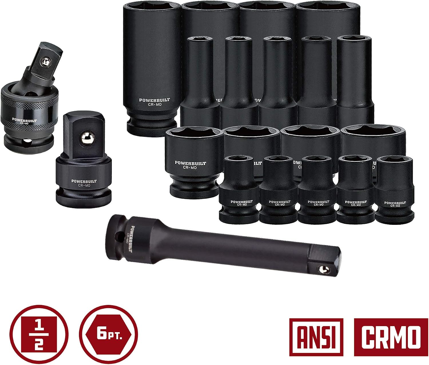 Powerbuilt Master 63 Piece 1/2-Inch Drive Impact Socket Set, Extensions, Metric&SAE Deep/Standard Impact Socket, Universal Joint and Adapter, Cr-Mo Steel, EVAs torage Tray - 949012