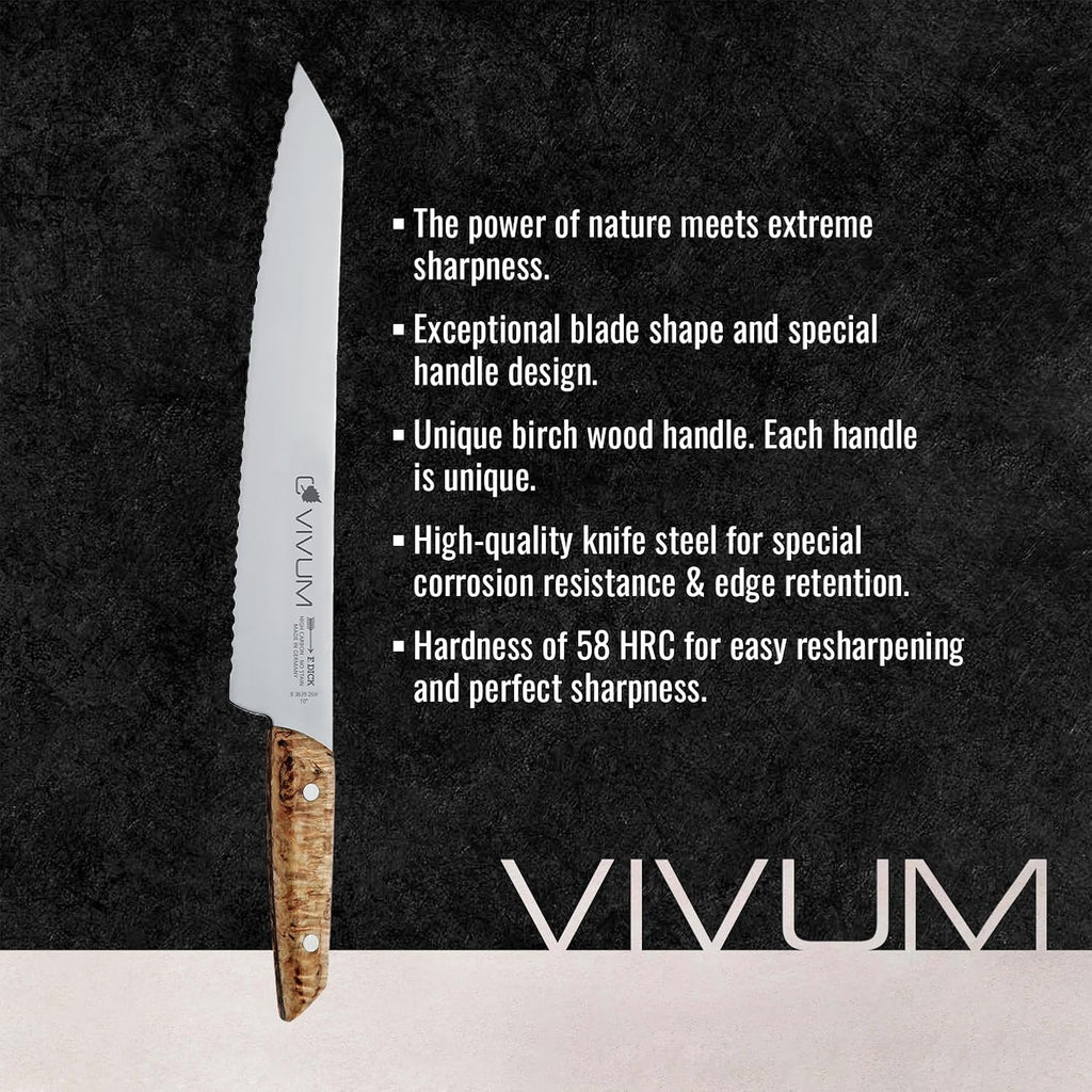 F. DICK – VIVUM Bread Knife – Serrated Knife with 10.2' blade & 58 HRC - Ideal for Bread, fruits & vegetables - Stainless steel - Ultra sharp - Birchwood handle – Made in Germany