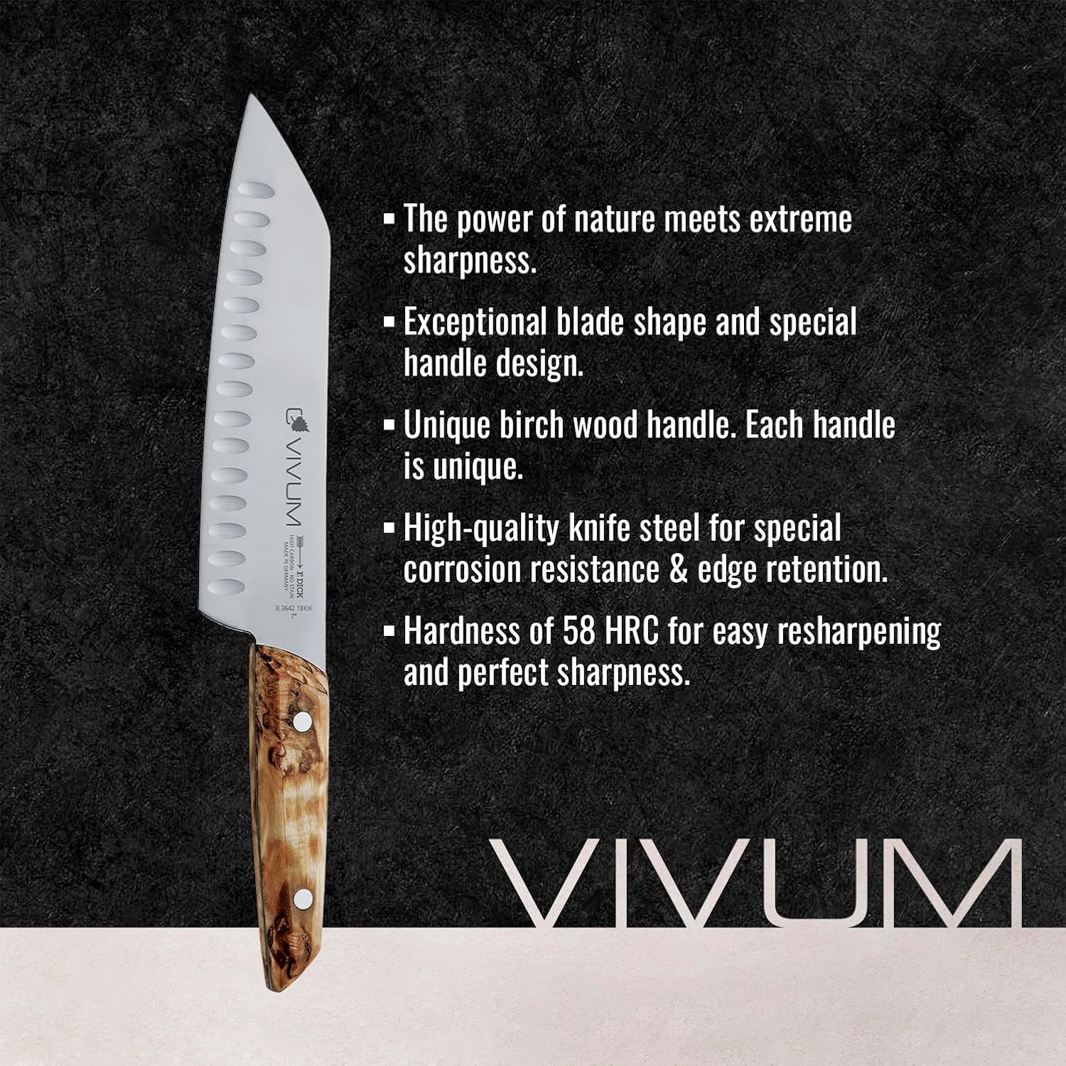 F. DICK - VIVUM Santoku Rust-Proof Knife - Knife with 7' blade & 58 HRC- Ideal for meat, fruit & vegetables - Stainless steel - Ultra sharp - Birchwood handle - Made in Germany