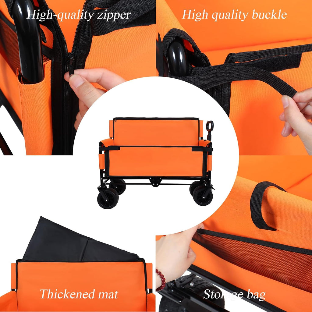 Convertible Folding Wagon Cart, 500lbs Heavy-Duty Utility Wagon with Bench Seat & Storage, 180L Capacity, All-Terrain Wheels for Camping, Beach, Sports, Garden