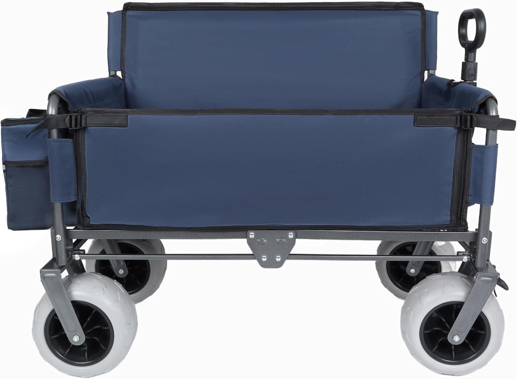 3-in-1 Heavy-Duty Folding Wagon with Convertible Bench Seat – 500lb Capacity, All-Terrain 9'x4' Beach Tires, Collapsible Design for Camping, Outdoor Events & Grocery Hauling (Dark Blue)