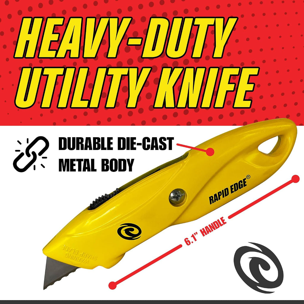 Rapid Edge Utility Knife, Heavy-Duty Safety Knife with Light, Includes Extra Serrated Utility Knife Blades, Made of Die-Cast Alloy Steel, Yellow, 12-Pack