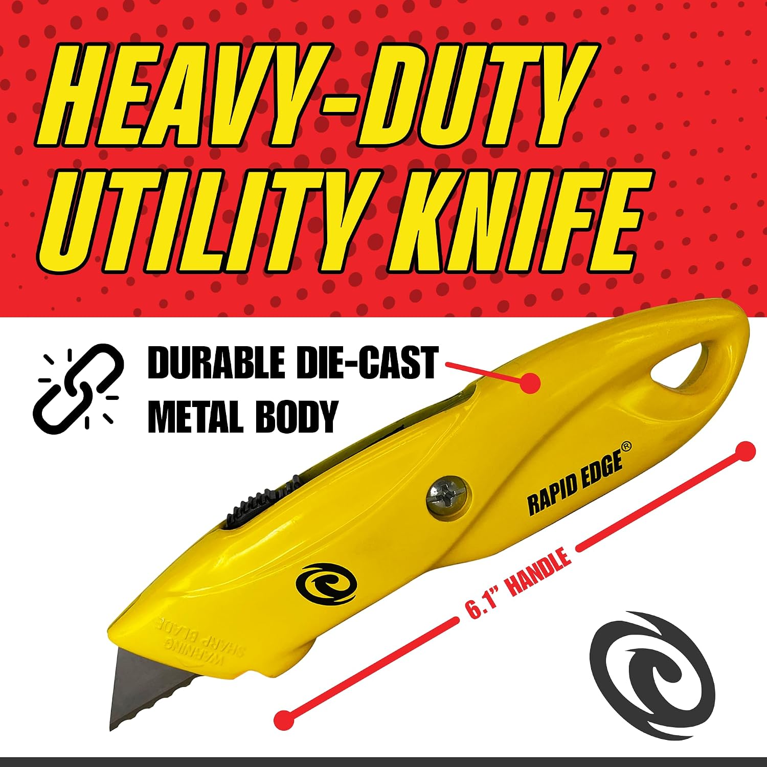 Rapid Edge Utility Knife, Heavy-Duty Safety Knife with Light, Includes Extra Serrated Utility Knife Blades, Made of Die-Cast Alloy Steel, Yellow, 12-Pack