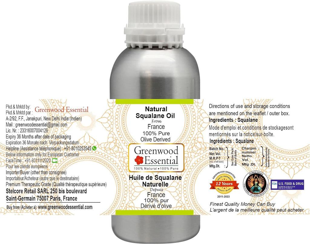 Greenwood Essential Pure Natural Squalane Oil (derived from Olives) Natural Therapeutic Grade for Hair, Skin & Aromatherapy 630ml (21 oz)