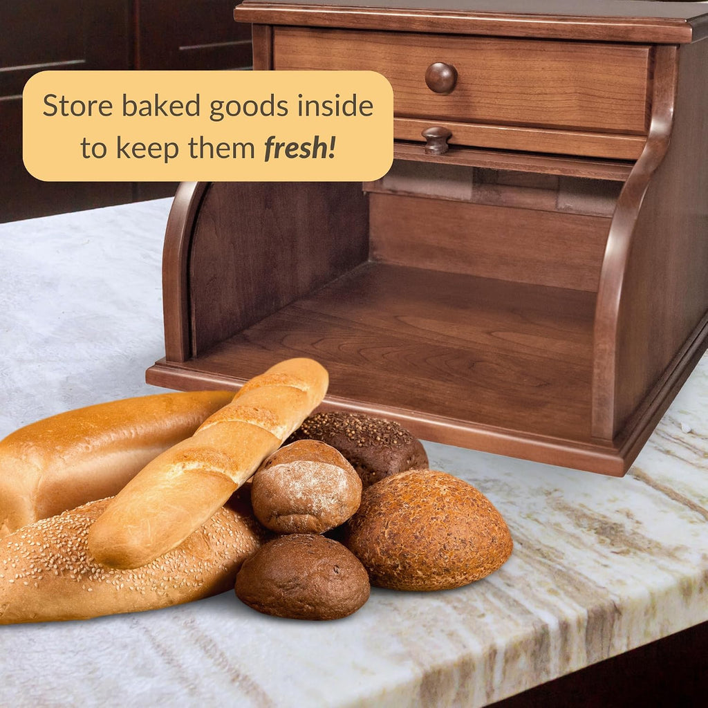 DutchCrafters Amish USA Made Solid Wood Countertop Bread Box with Drawer, Bread Holder for Kitchen Counter, Large Bread Box for Kitchen Countertop (Cherry - Michael's Cherry)