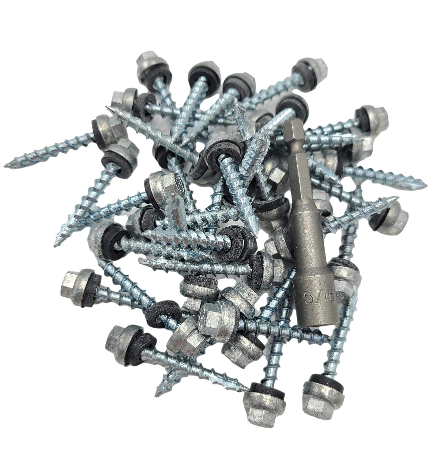#12 Long Life Metal Roofing Screws (500 Count) -1.5' Long Shaft-Metal to Wood- OSB Replacement Screws -Domed Cap Screw Head EPDM Washer- Free 5/16' Hex Bit Driver! (500, Zinc)