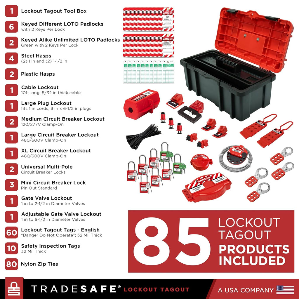 TRADESAFE Lockout Tagout Tool Kit - 85 Loto Devices, Loto Locks, Breaker Lockout Devices, Loto Tags, Inspection Tags, Cable Lock, Gate Valve Lockout, Plug Lock, Hasps