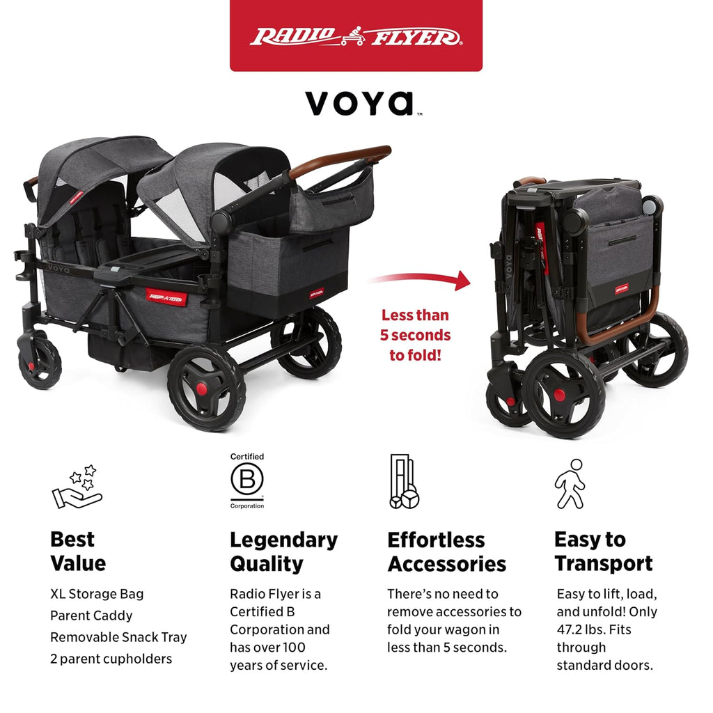 Radio Flyer Voya Quad Stroller Wagon, for Toddlers and Kids 6+ Months, Push or Pull, 4 Seats, Dual Sun Canopies, Compact Fold, Lightweight, Storage Space, 5-Point Harnesses, Stroller Wagon for Kids
