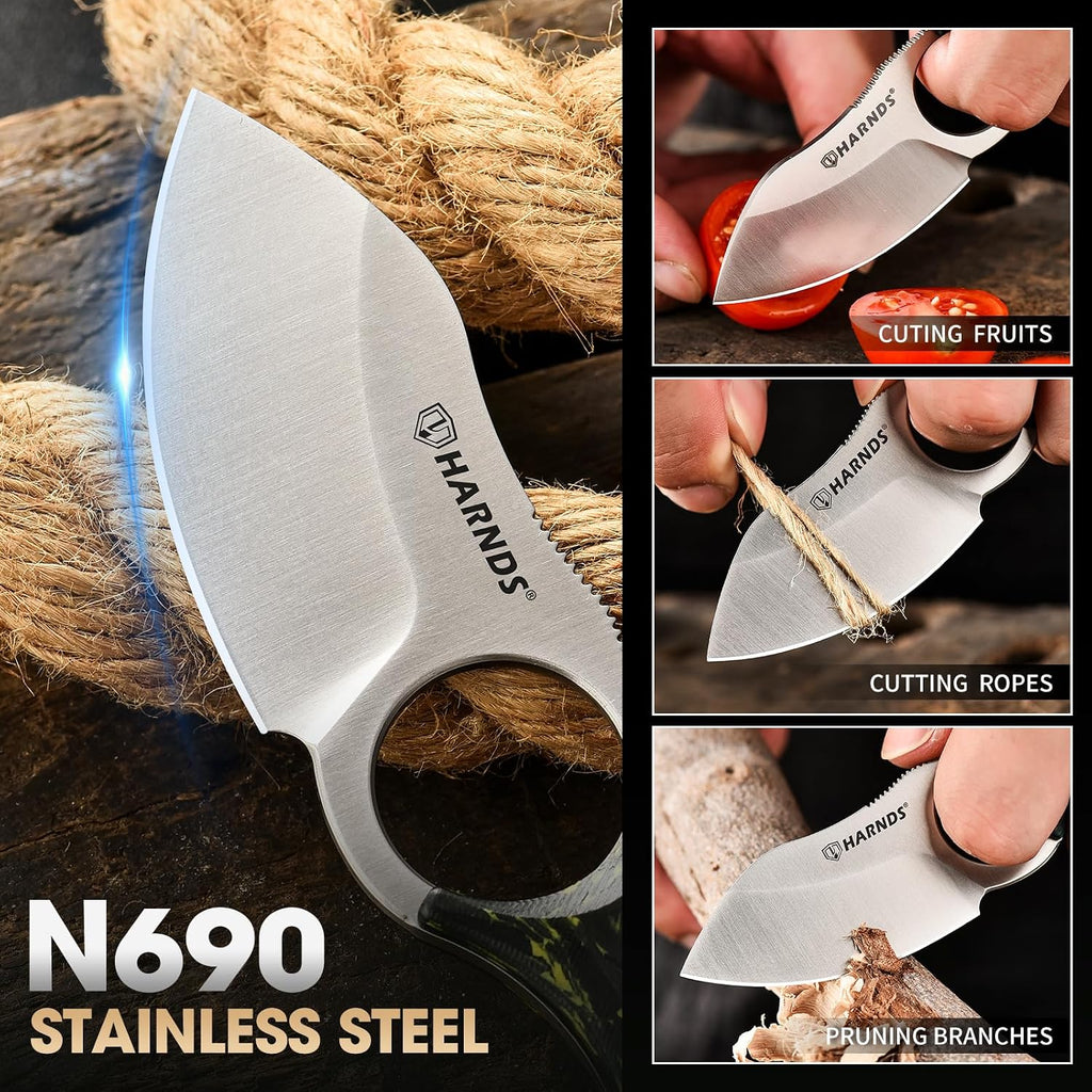 Harnds Small Fixed Blade Knife Full Tang EDC Knives, Neck Knife with N690 Steel Blade and Carbon Fiber Handle for Fishing and Skinning Eggplant