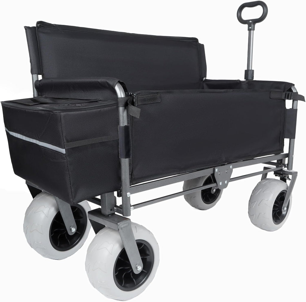 3-in-1 Heavy-Duty Folding Wagon with Convertible Bench Seat – 500lb Capacity, All-Terrain 9'x4' Beach Tires, Collapsible Design for Camping, Outdoor Events & Grocery Hauling (Black)