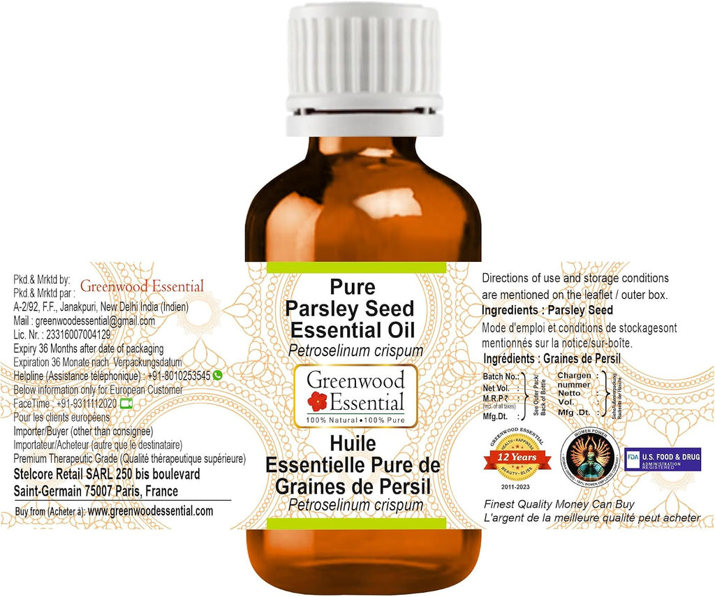 Greenwood Essential Pure Parsley Seed Essential Oil (Petroselinum crispum) Steam Distilled (Pack of Five) 100ml X 5(16.9 oz)