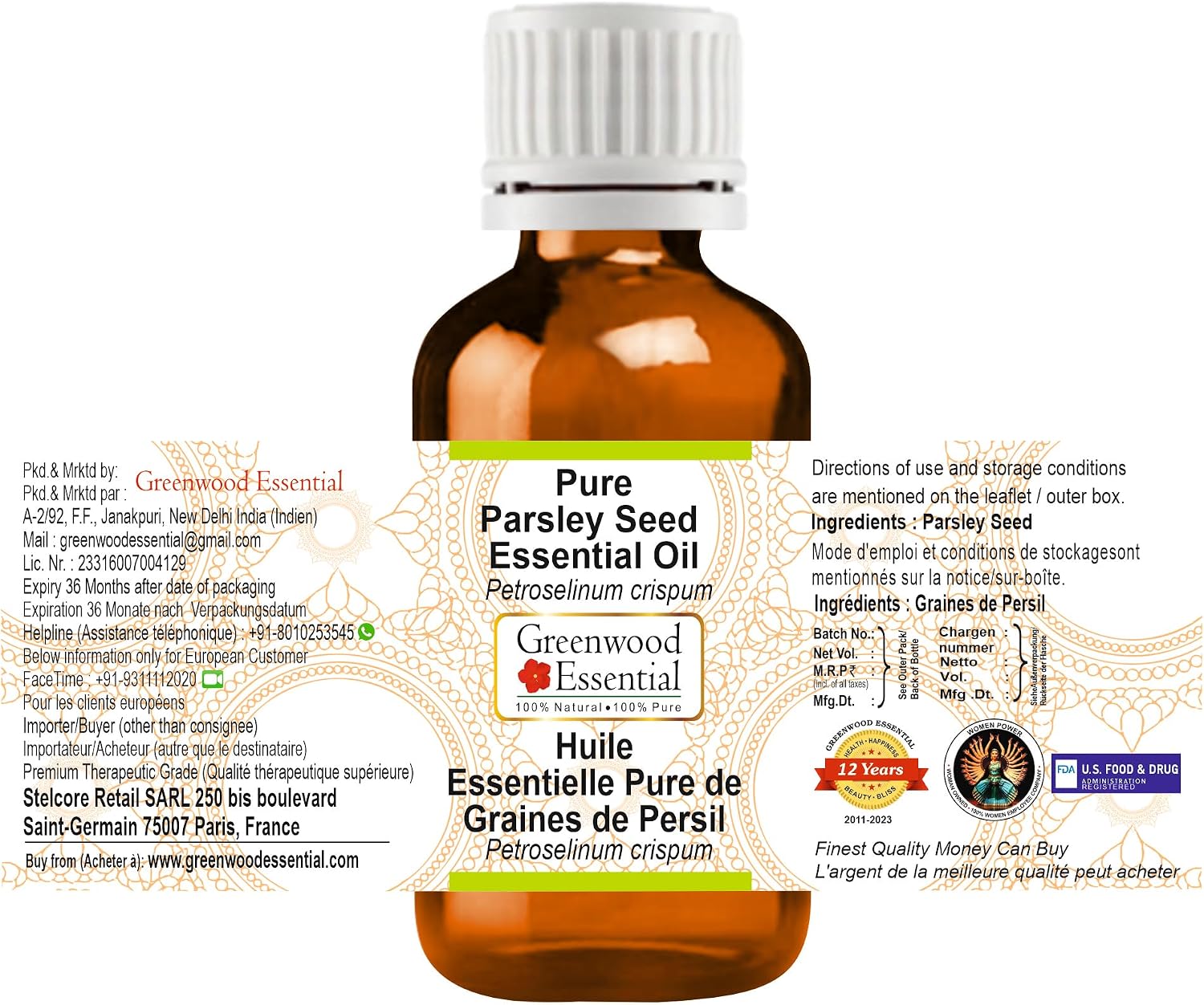 Greenwood Essential Pure Parsley Seed Essential Oil (Petroselinum crispum) Steam Distilled (Pack of Five) 100ml X 5(16.9 oz)