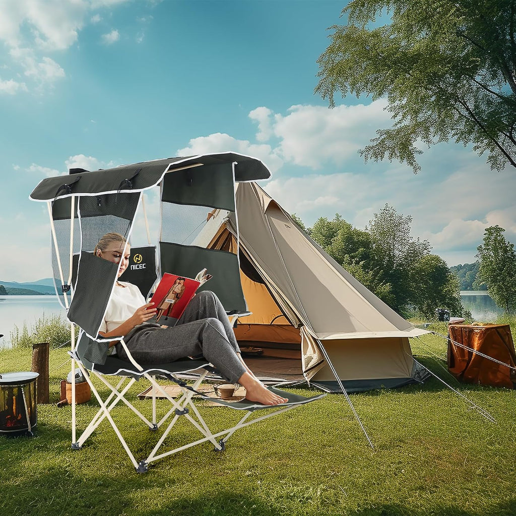 Nice C Chair with Canopy, Umbrella Chairs for Adults, Sports Chair with Shades, with Removable Footrest, Cooler Bag, Cup Holder for Camping, Fishing, Sports, Beach (2Pack Green)