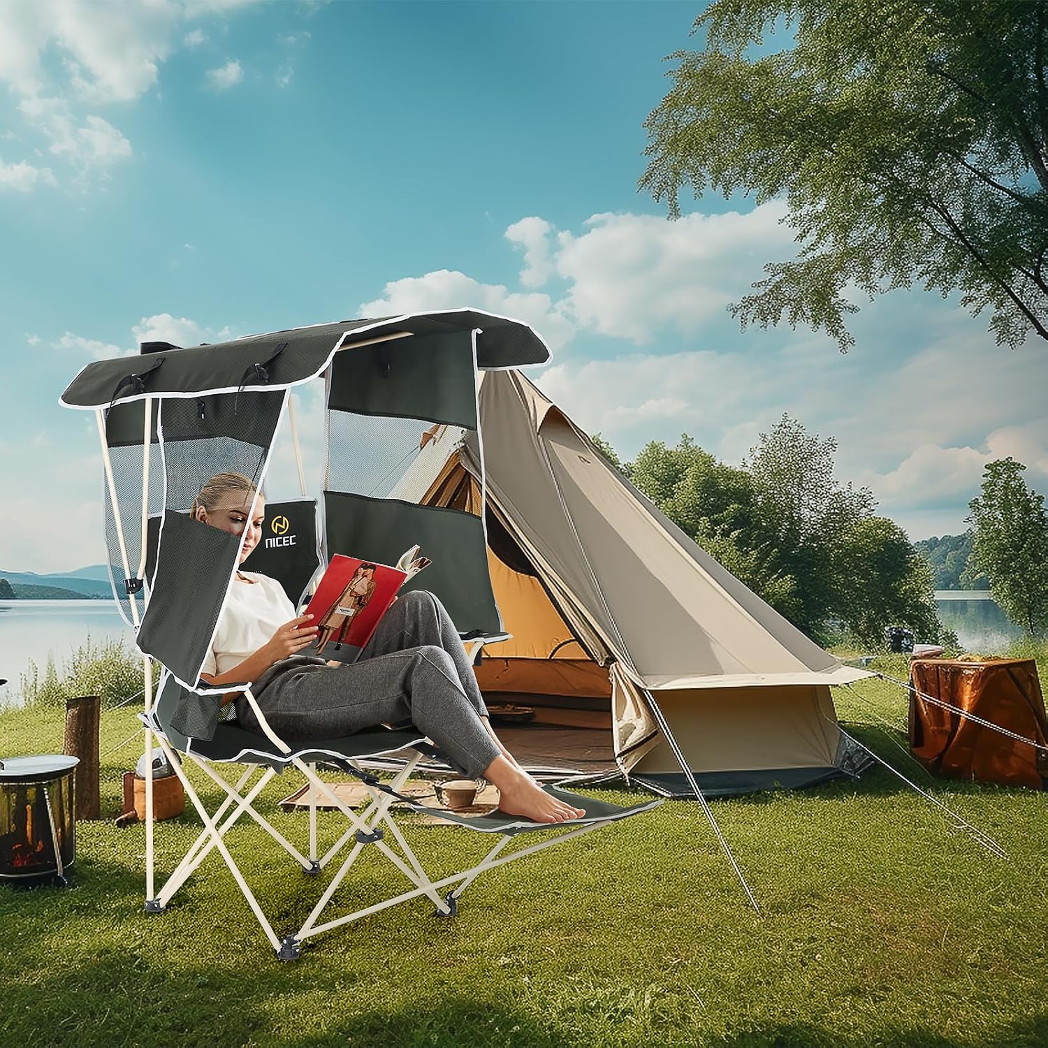 Nice C Chair with Canopy, Umbrella Chairs for Adults, Sports Chair with Shades, with Removable Footrest, Cooler Bag, Cup Holder for Camping, Fishing, Sports, Beach (2Pack Green)
