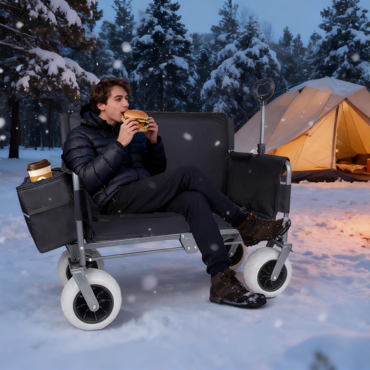 ZeHuoGe 3-in-1 Convertible Folding Wagon Cart with Bench Seat & Storage-Includes 1 ice Pack, 180L Capacity Utility Wagon for Camping, Beach, Sports, Garden (Black)