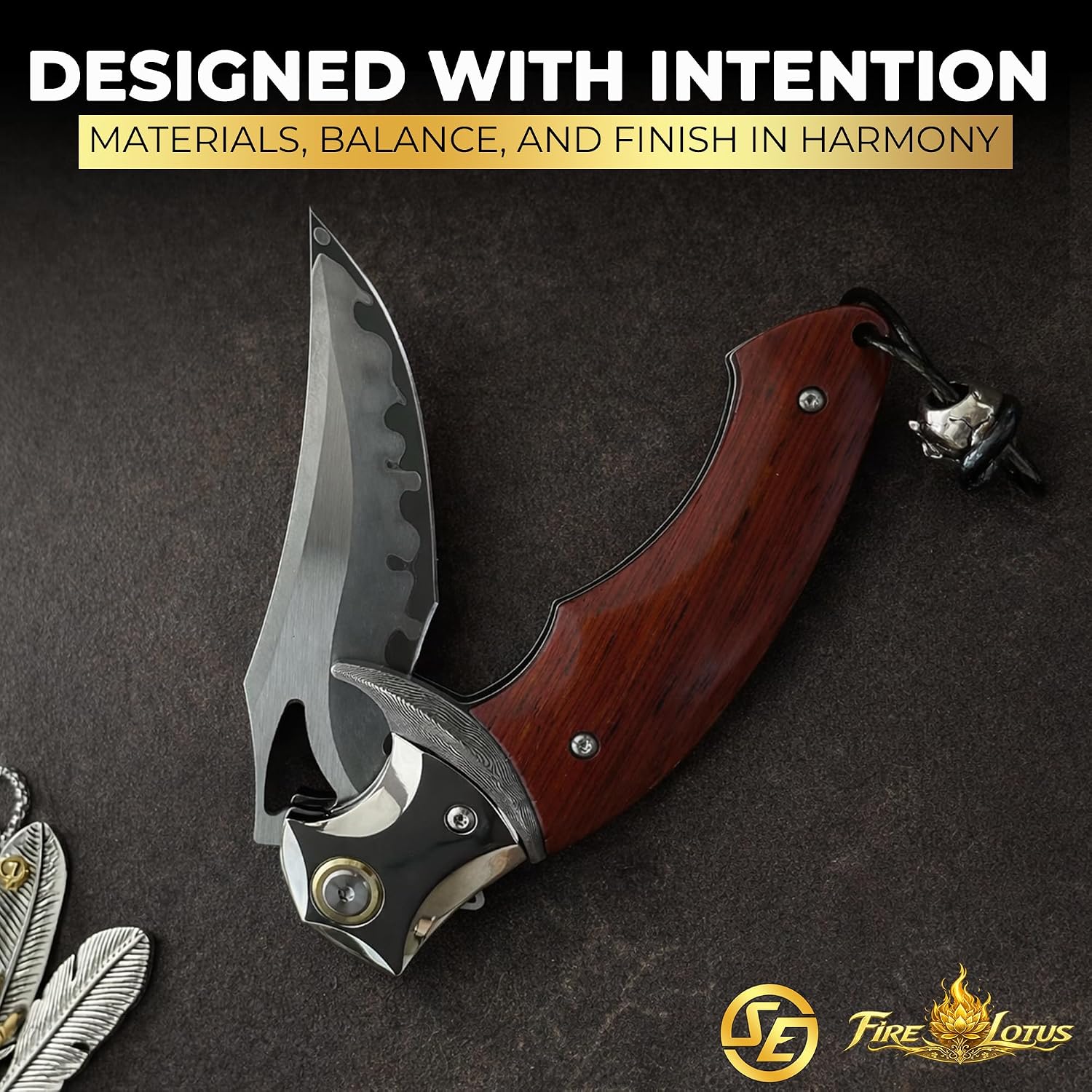 SliceElite Fire Lotus Precision Premium Folding Knife Japanese Sanmai Steel Blade Cocobolo Wood Handle Smooth Action EDC Pocket Knife Fathers Day Gift For Men Luxury Collector Heirloom Craftsmanship