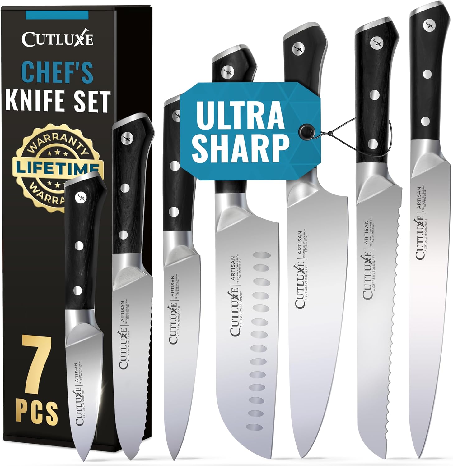 Cutluxe Chef Knife Set, 7 PCS Professional Chef's Knife Set – Razor Sharp German Steel, Full Tang, Ergonomic Handles – Artisan Series