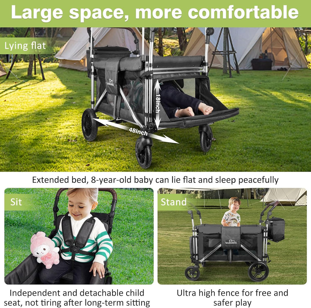 Stroller Wagon for 2 Kids, Wagon Cart Featuring 2 High Seat with 5-Point Harnesses and Adjustable Canopy, Foldable Push-Pull Rod for Garden, Camping, Grocery Cart