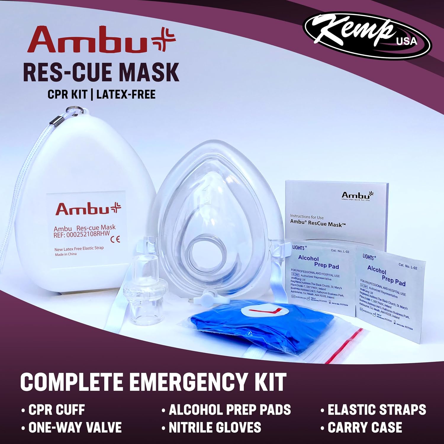 Kemp USA Ambu CPR Mask Kit 80 Set Adult & Child Silicone Resuscitation Mask Hard Case O2 Inlet Pocket Resuscitator Gloves Wipes First Aid Emergency Medical Supply Equipment